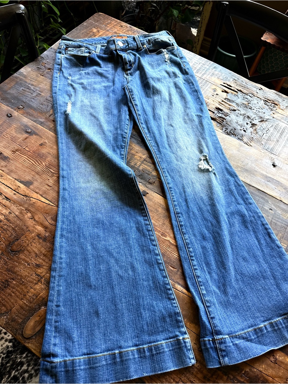 Seven7 Light Blue Flare Jeans with Distressed Details size 32